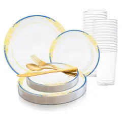 White with Blue and Gold Harmony Rim Plastic Wedding Value Set (20 Settings)
