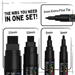 5-Piece Acrylic Black Paint Pen Set Fine Tip Thin Point and Jumbo Pens (1mm, 3mm, 6mm, 10mm, 15mm) Black Paint Markers for Plastic, Canvas, Wood, Rock, Fabric, Tire, Metal, and Glass