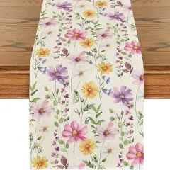 Eucalyptus Flowers Daisy Floral Spring Table Runner, Seasonal Summer Kitchen Dining Table Decoration for Home Party Decor 13x72 Inch