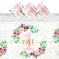 3 Pack Floral Plastic Tablecloth for Baby Girl's 1st Birthday Party Supplies (54 x 108 In) White