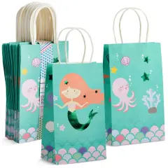 24 Pack Mermaid Gift Bags with Handles for Party Favors, Goodies, Treats (5.3 x 3.2 x 9 In) Multicolor