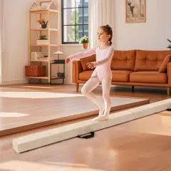 8 Feet Portable Folding Gymnastic Balance Beam with Solid Wood Base Ideal for Walkover or Cartwheel Beige