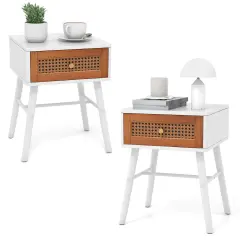 Costway 1/2 PCS Nightstand with Storage Drawer Rattan Decoration Solid Wood Legs for Bedroom