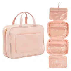 Large Roll Up Hanging Toiletry Bag For Women, Pastel Pink Makeup Travel Organizer with S Hook for Cosmetics, Hair Accessories, Razors (13x4.5x9.75 In)