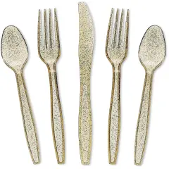 144 Pack Gold Glitter Plastic Silverware for Wedding Party Supplies, Cutlery Includes Forks, Spoons, and Knives (Serves 48)