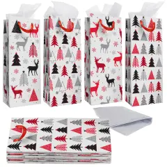 Bright Creations 12 Pack Christmas Wine Gift Bags with Tissue Paper Wrapping, 4 Reindeer Xmas Tree Designs for Home Party Holiday Supplies, Fun and Festive Christmas Packaging (5 x 13.6 x 4 in) Multicolor
