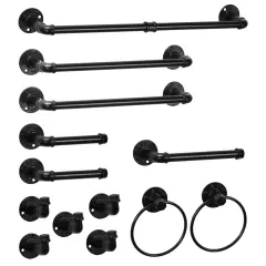 13-Piece Black Metal Wall-Mounted Bathroom Hardware Set - Industrial Towel Racks, Toilet Paper Holders, Hooks & Rings, No-Tool Assembly, Safe Design for Bathroom/Kitchen Storage