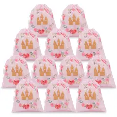 12 Pack Pink Drawstring Gift Bags for Princess Birthday Party Favors, Castle and Rose Print (10 x 12 In)