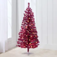 4ft Pre Lit Christmas Tree Mini Artificial Tree with Twinkling LED Lights for Bedroom or Apartment Magenta