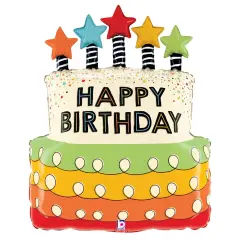 Betallic&reg; 26 Inch Happy Birthday Cake Candle Stars Foil Mylar Balloon