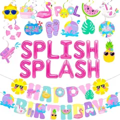 Splish Splash Birthday Decorations Foil Balloons Pool Birthday Party Banner Summer Pool Party Hanging Swirls for Girls Summer Beach Party Hawaiian Luau Tropical Party Decorations