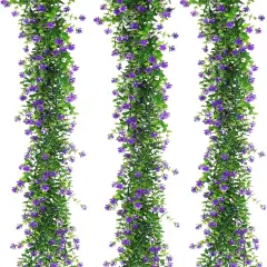 Fake Hanging Eucalyptus Garlands Artificial Vines Plants Eucalyptus Leaves with Flowers Greenery Spring Floral Garland for Home Garden Wedding Wall Arch Party Decoration(Purple)