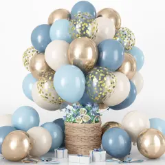 Dusty Blue Balloon Set, 60Pcs 12 Inch Slate Baby Blue White Sand Latex Balloon with Metallic Confetti Champagne Gold Helium Balloons for Birthday Party Baby Bridal Shower Boho Decortaions Supplies