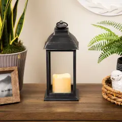 Northlight LED Lantern with Flameless Candle - 12.5" - Brushed Silver Black