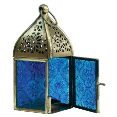 In the Breeze 9201 &mdash; Blue Mini Square Tealight Lantern &mdash; Moroccan-Style Boho Chic Tealight Glass and Metal Tabletop Lantern