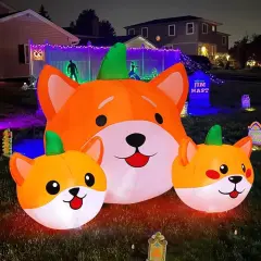 GOOSH 5 FT Long Halloween Inflatables Pumpkin Dog Blow Up Yard Dog Head Combo Decoration with Built-in LEDs