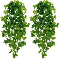 Fake Hanging Plants, 2pcs Artificial Hanging Plant, Faux Pothos Vines Hanging Plant Greenery for Wall Home Living Room Indoor Outdoor Decor (No Baskets)