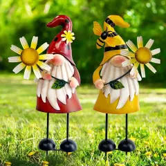 Metal Gnome Yard Art - Metal Gnome Statue -Outdoor Garden Gnome Decorations - Bee and Ladybug Art Sculpture- Christmas Holiday Lawn Patio Yard Garden Decor (Set of 2)
