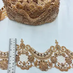 1 Yard Elegant Beaded & Corded Embroidered Lace Trim on 100% Polyester Mesh Rose Gold