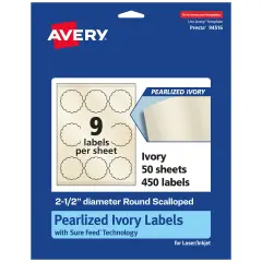 Avery Pearlized Ivory Round Scalloped Labels with Sure Feed Technology, Print-to-the-Edge, 2.5" diameter