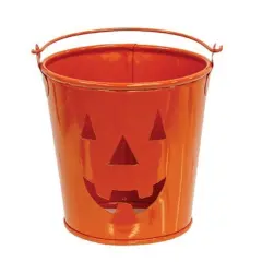 4&rdquo; Metal Pumpkin Bucket with Jack-O-Lantern Cutout Halloween Candle Holder or Candy Pail Orange