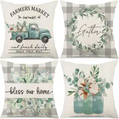Buffalo Plaid Eucalyptus Leaves Pillow Covers 18x18 Set of 4 Spring Farmhouse Quotes Decorations Truck Vase Bless Our Home Linen Cushion Case Gifts for Home Decor