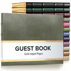 Gallery Leather Guest Book Special Events, add Photos, 192 Lined Pages, Bonded Leather, Hardcover, Gold-Gilded, Guestbook Acadia cactus
