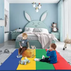 4-Panel PU Leather Folding Exercise Mat with Carrying Handles and Hook and Loop Fasteners Multicolor