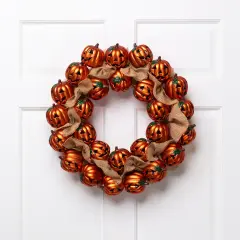 Northlight Jack-O-Lanterns with Burlap Ribbon Artificial Halloween Wreath - 20" - Unlit Orange