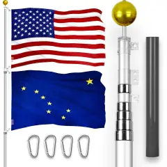 G128 Combo Pack: 20 Ft Telescoping Aluminum Flagpole (Silver) & American and Alaska Flags 3x5 Ft, Both ToughWeave Series Embroidered Polyester | Pole with Flags Included