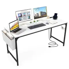 Costway 60" Modern Computer Desk with Charging Station with Storage Bag & Headphone Hook White
