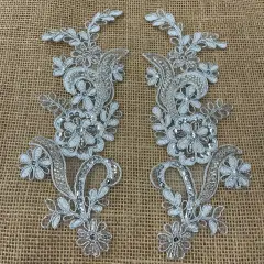 1 Pair Beaded & Corded Floral Lace Applique 9" x 2.5" Each Side Silver-HB