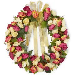 Rose Wreath with Ribbon for Front Door, Valentine Decor (13.3 in, Pink, Yellow)