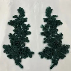1 Pair Beaded & Corded Floral Lace Applique 100% Polyester Net Mesh 12" X 3.5" Each Side Hunter Color