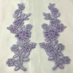 1 Pair Beaded & Corded Floral Lace Applique 10" x 2" Each Side Lilac