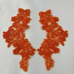 1 Pair 9" x 3" Each Side Beaded & Corded Floral Lace Applique Organza Orange