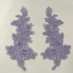 1 Pair Beaded & Corded Floral Lace Applique 100% Polyester Net Mesh 12" X 3.5" Each Side Lilac Color