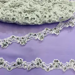1 Yard Beaded Lace Trim on Organza 1&Prime; Wide Embroidered Polyester for Bridal, Veils & Dress Accents White/Silver