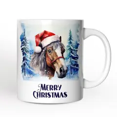 Horse with Santa Hat Mug, Winter Forest Christmas Gift