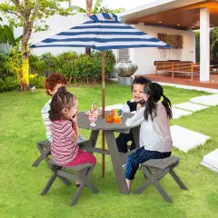 2-in-1 Convertible Kids Wooden Table Set with Umbrella Hole Perfect Gift for Your Kids Gray