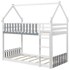 Pine Wood House Bunk Bed, Twin Over Twin, Sturdy Frame and Safe Ladder White