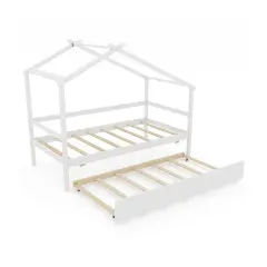 Pine Wood Twin Size House Bed with Trundle, DIY Roof, Slat Support and Safe Design White