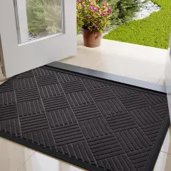 Front Door Mat Outside Entrance, Indoor Outdoor Low Profile Rubber Doormat, Waterproof Heavy Duty Patio Mat, Fade Resistant, Easy Clean All-Weather Durable, Small 17x29.5 inch Grey Striped