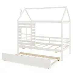 Solid Wood House Bed with Trundle, Guardrails and Customizable Design White
