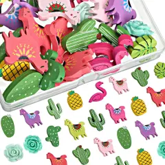 30 Pieces Decorative Push Pins Set Tropical Wooden Push Pins Thumbtacks Cute Cactus Llama Flamingo Alpaca Leaf Thumb Tacks for Cork Board Photos Wall Home Office School Supplies, 15 Styles