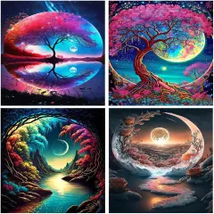 4 Pack Paint by Numbers for Adults Beginner - Mountain Moon Starry Lake Adult Paint by Numbers Kits on Landscapes Painting Kits for Kids Beginner, Painting by Numbers Perfect for Home Decor 12x16 Inch
