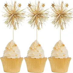 30Pcs Foil Firework Cupcake Toppers Happy Birthday Cake Toppers Sparkle Tinsel Flower Drink Stirrers Cocktail Food Fruit Toothpicks for Valentine's Day Party Supplies Gold