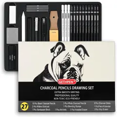 27 Piece Charcoal Drawing Set - Professional Black & White Charcoal Pencils for Sketching, Shading & Blending, Graphite Sticks with Artist Art Supplies Kit (Beginners & Professionals)