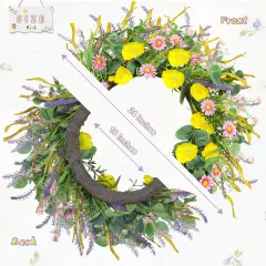 24'' Spring Wreaths for Front Door Decor Artificial Eucalyptus Flowers Summer Wreath with Poppy Daisy Lavender Floral Indoor Outdoor Wreaths Wedding Easter Party Farmhouse Wall Window Porch Home Decor