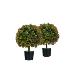 2 Pack Artificial Boxwood Topiary Ball Tree 22" Faux Bushes Plants with Orange